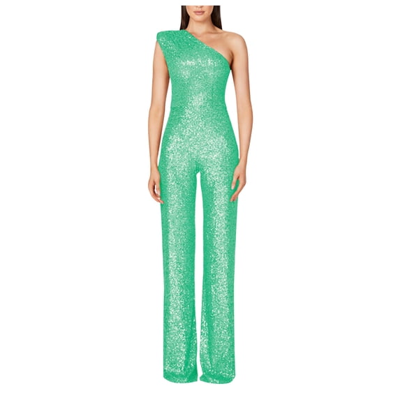 UVEASISHA Sparkly Sequin Jumpsuit for Women Sleeveless One Shoulder Formal Party Rompers High Waist Prom Leotard Mint Green XL