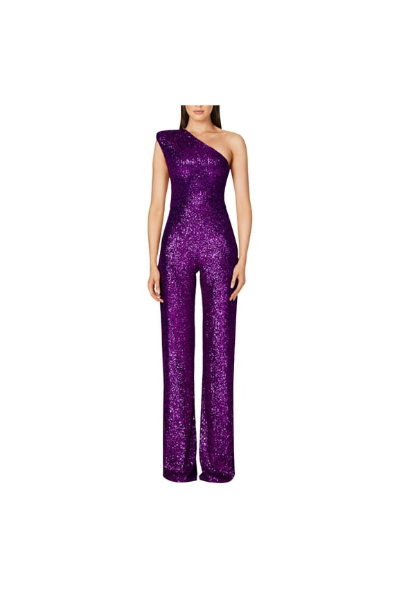 Sparkly Sequin Jumpsuit for Women Sleeveless One Shoulder Formal Party Rompers High Waist Prom Leotard Purple S
