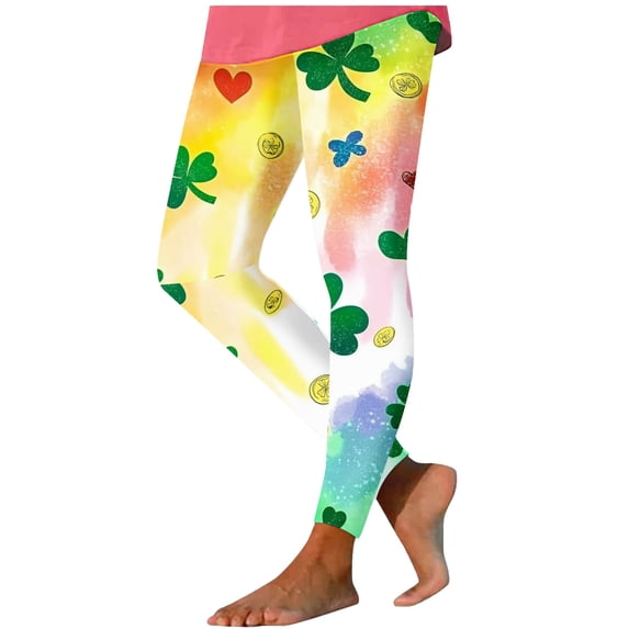 UVEASISHA St Patricks Day Leggings for Women Colorful Shamrock Printed Gradient Yoga Pants High Waisted Milk Silk Workout Pant Festive Photo Tights Yellow XXL