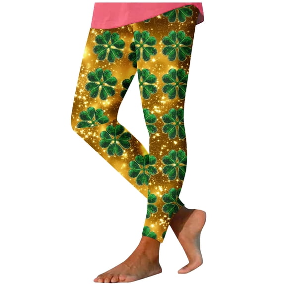 UVEASISHA St Patricks Day Leggings for Women Glitter Shamrock Printed Gold Yoga Pants Lucky Green Clover Holiday Tights Tummy Control Workout Pant Gold S