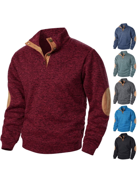 Stand Collar Sweatshirt Men Quarter Button Pullover Tops Elbow Patch Long Sleeve Lightweight Sweatshirts Vintage Cowboy Sweat Shirts Wine S