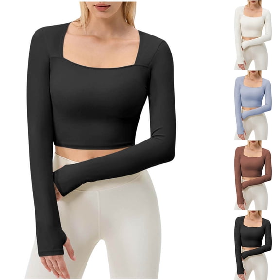 UVEASISHA Stretch Yoga Cropped Tops for Women Lightweight Workout Training Shirts with Thumb Holes Long Sleeve Square Neck Sun Pretection Shirts Black M