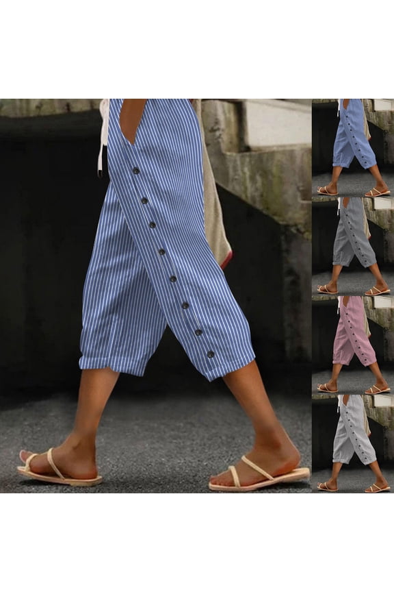 Striped Capri Pants for Women Side Button Casual Summer Cropped Pants Elastic Waist Drawstring Capris Gray XXL