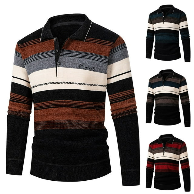 UVEASISHA Striped Knit Polos Shirts for Men Long Sleeve Button Collared T-shirt Comfy Casual Slim Fit Stretch Golf Poloss Fall Stylish Work Shirts Deals of the Week,Black,XL