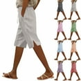 thumbnail image 1 of UVEASISHA Striped Linen Pants for Women Summer 2025 Drawstring Capri Pants Casual Beach Vacation Clothes with Pockets Watermelon Red L, 1 of 8