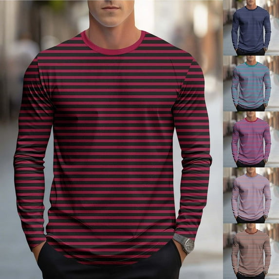 UVEASISHA Striped Long Sleeve Shirt for Men Crewneck Casual Ruched Tops Big and Tall Fashion Hipster T-Shirts Soft Cotton Blend Graphic Tees Pink 3XL