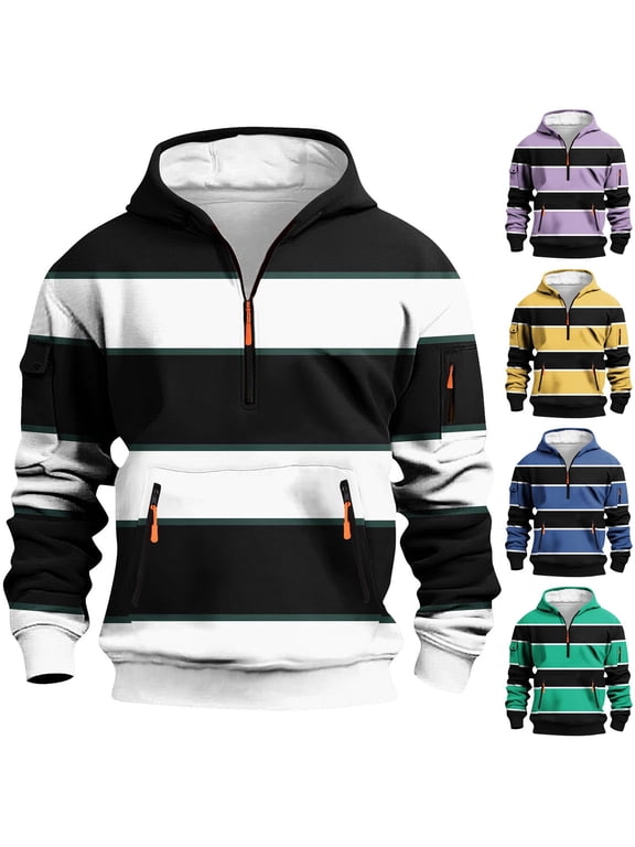 Striped Pullover Hoodie Men Quarter Zip Casual Hooded Sweatshirt Big and Tall Fashion Cargo Hoodies Color Block Casual Streetwear Tops Black XS