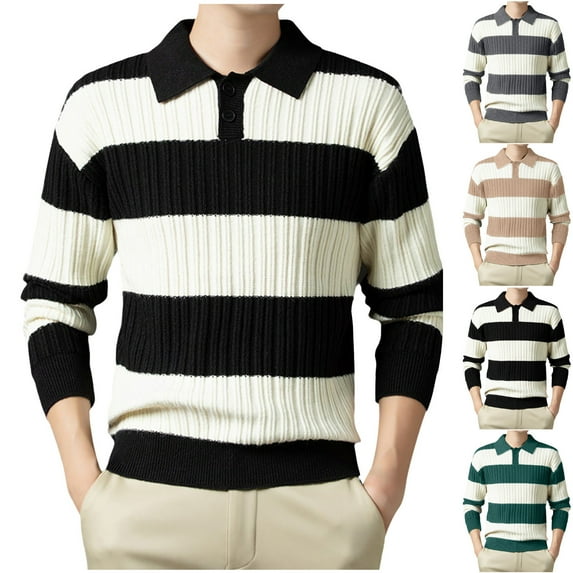 UVEASISHA Striped Sweaters for Men Color Block Casual Knitted Pullover Tops Soft Long Sleeve Polos Sweater Fall Fashion Knit Shirts Black XL