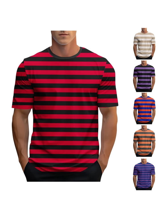 Striped Tee Shirts for Men Short Sleeve Crewneck Graphic Tees Regular Fit Casual Cotton Blend T-Shirt 2025 Summer Fashion Streetwear Red M