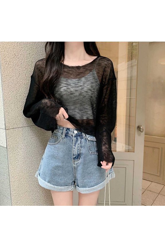 Summer Beach Cover Ups for Women Long Sleeve Side Split Sheer Tshirts Lightweight Comfy Sun Protection Outfits A-Black Free Size