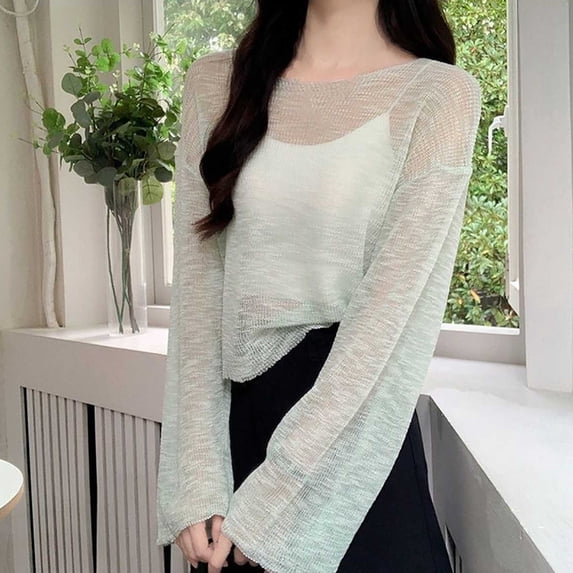 UVEASISHA Summer Beach Cover Ups for Women Long Sleeve Side Split Sheer Tshirts Lightweight Comfy Sun Protection Outfits Green Free Size