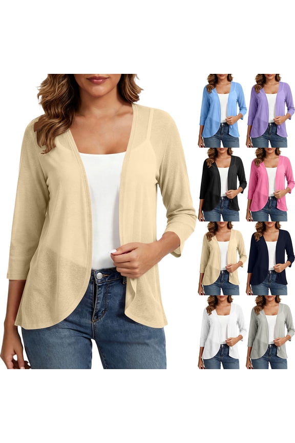 UVEASISHA Summer Cardigans for Women 3/4 Sleeve Casual Cardigan Open Front Office Thin Sweater Breathable Sun Protection Shrugs Beige S