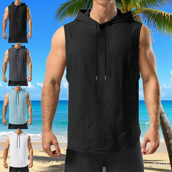 UVEASISHA Summer Casual Hoodie for Men Sleeveless Beach Hooded Tank Tops Solid Drawstring Cut Out Muscle Tshirt Blue M