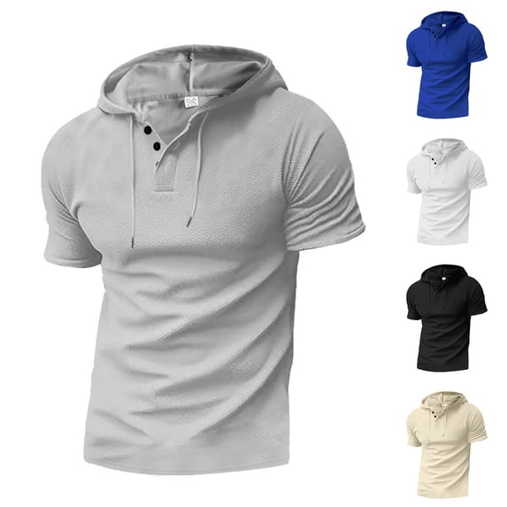 UVEASISHA Summer Casual Hoodie for Men Waffle Knit Short Sleeve Gym Training Hooded Tshirt Drawstring Button Collar Hoodies White XXXL
