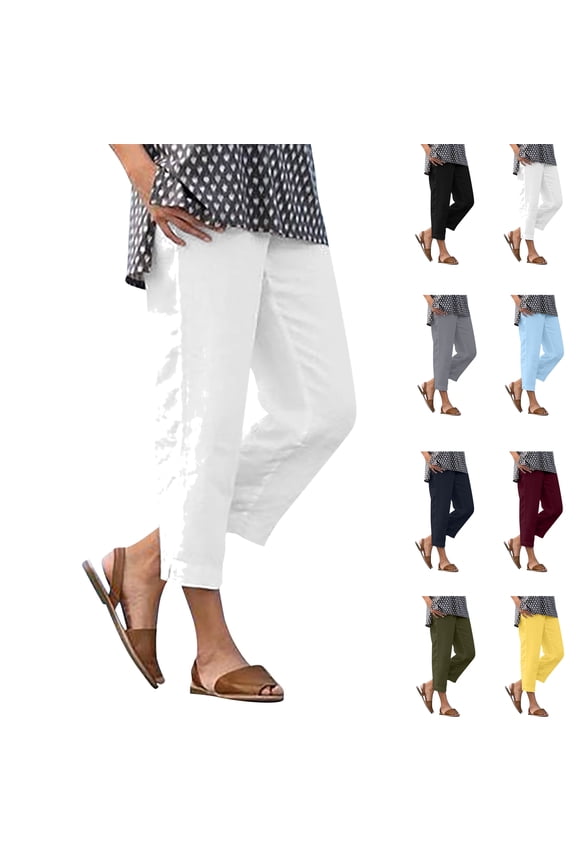 UVEASISHA Summer Cotton Linen Cropped Pants for Women Elastic Waist Split Hem Straight Loose Trousers Casual Business Capri Pants with Pockets White L