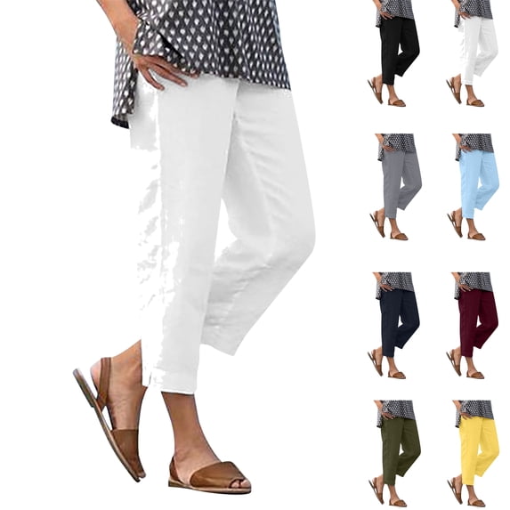 UVEASISHA Summer Cotton Linen Cropped Pants for Women Elastic Waist Split Hem Straight Loose Trousers Casual Business Capri Pants with Pockets White L