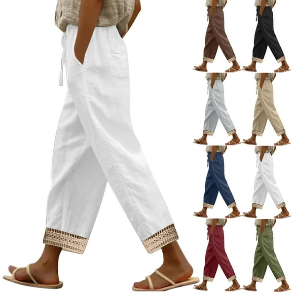 UVEASISHA Summer Linen Pants for Women Wide Leg Boho Pants Dressy Casual Lace Hem Palazzo Pants with Drawstring and Pockets Green M