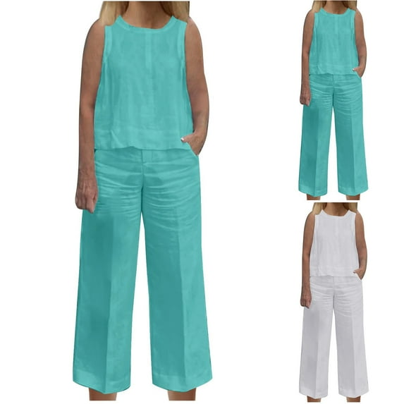 UVEASISHA Summer Outfits for Women Plus Size Cotton Linen 2 Piece Set Solid Color Tank Tops and Wide Leg Pants Matching Sets White XXXL