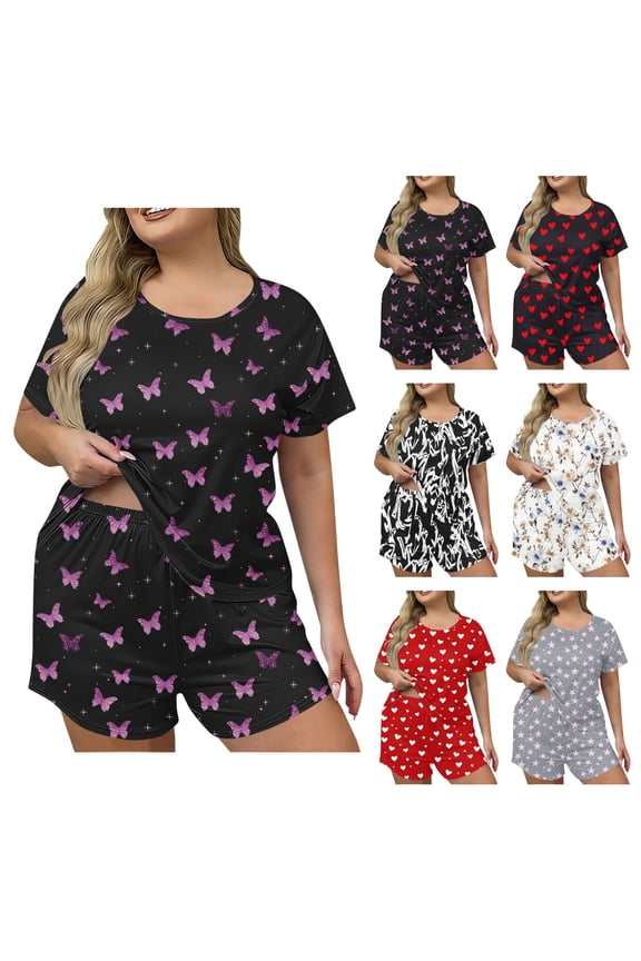 UVEASISHA Summer Pajama Sets for Women Plus Size Printed Short Sleeve Tops and Shorts Soft Lightweight Lounge Sleepwear White 5XL