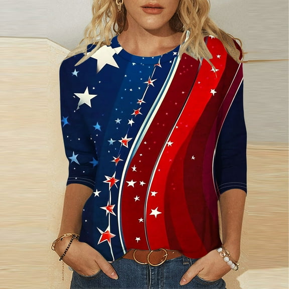 UVEASISHA Summer Tops for Women 4th of July 3/4 Sleeve Religious Shirt Novelty Print Graphic Tees Red M