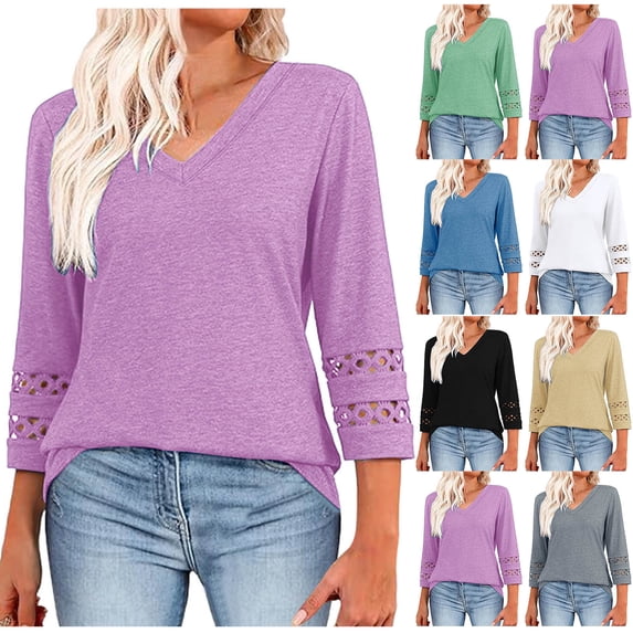 UVEASISHA Summer Tops for Women Dressy Casual 3/4 Sleeve Hollow Out Blouse Curved Hem Hide Belly Shirt Black M