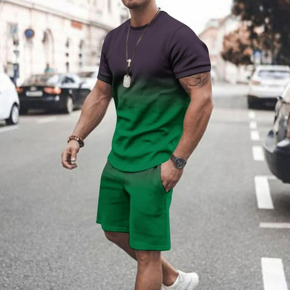 UVEASISHA Summer Track Suits for Men Set,Mens Short Sets 2 Piece Outfits Causal Gradient Color Tracksuit Sweatshirt and Drawstring Shorts Set for Men 2024 Green