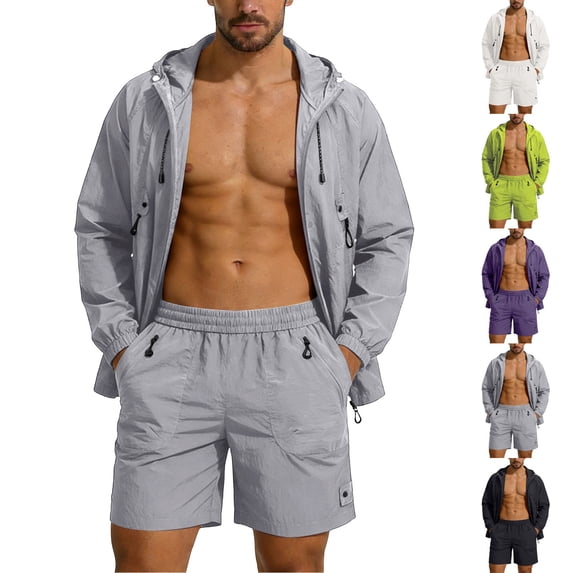 UVEASISHA Sun Protection Summer Outfits for Men Full Zip Hooded Jackets and Shorts Workout Sets 2 Piece Lightweight Hiking Travel Outfit Set with Pockets Gray XXL