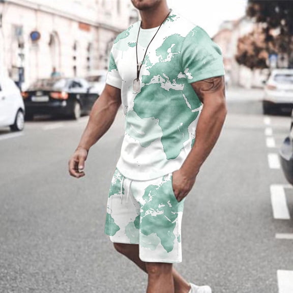 UVEASISHA Sweatsuit for Men 2 Piece Set Casual World Map Printed Short Sleeve Shorts Tracksuit Summer Crewneck Big and Tall Sport Outfit with Pockets Todays Sales Today