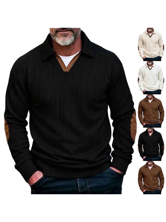 Textured Knit Shirts for Men Lapel Collar V Neck Polos Shirt Elbow Patches Long Sleeve Jacquard T Shirts Lightweight Casual Mens Pullover Tops Coffee M