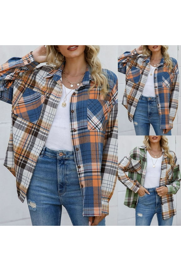 Thin Trendy Plaid Shirts for Women Fall Casual Long Sleeve Shacket Jacket 2025 Lightweight Button Down Shirt Jackets with Pockets Sales Today,Blue,S