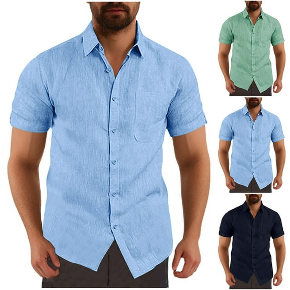 UVEASISHA Today Sales Cotton Linen Shirts for Men Short Sleeve Casual Button Down Shirt Solid Lightweight Beach Shirts Breathable Loose Summer Vacation Shirt with Pocket Blue L