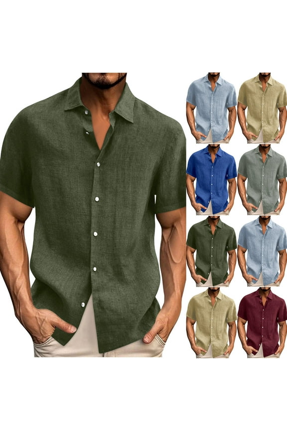 Todays Sales Today Mens Linen Summer Shirts 2025 Big and Tall Casual Short Sleeve Button Down Shirt for Men Lightweight Breathable Beach Shirts Solid Hawaiian Shirt Army Green 5XL
