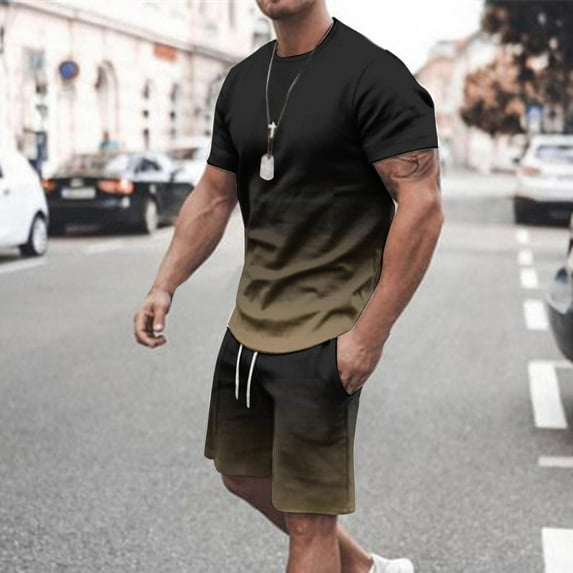 UVEASISHA Track Suit for Men 2 Piece Outfits Big and Tall Stretch Workout Sets Trendy Gradient Tee Tops and Short Set Khaki XXXXXL