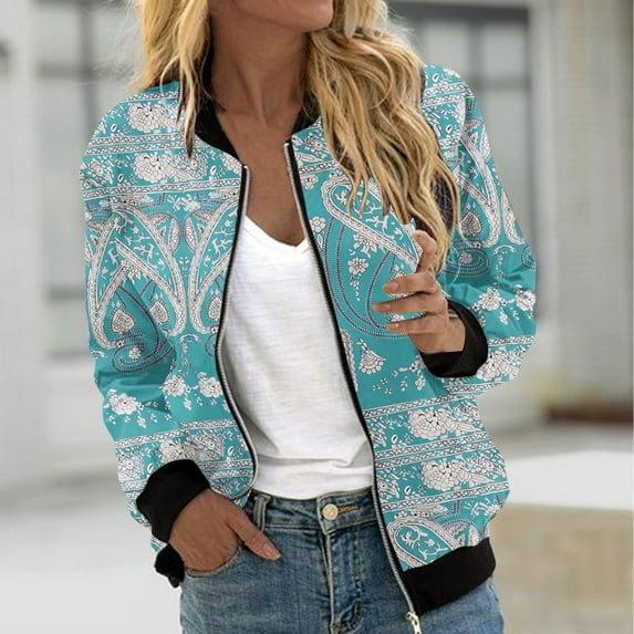 UVEASISHA Trendy Print Jackets for Women Plus Size Zip Up Outwear Long Sleeve Fall Bomber Jacket Blue XXXXL