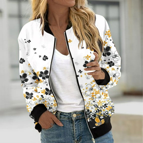 UVEASISHA Trendy Print Jackets for Women Plus Size Zip Up Outwear Long Sleeve Fall Bomber Jacket White XXXL