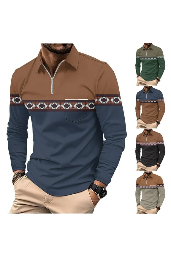 Trendy Print Polos Shirts for Men Eyelet Long Sleeve Quarter Zip Collared T Shirt Breathable Comfy Poloss Gold M
