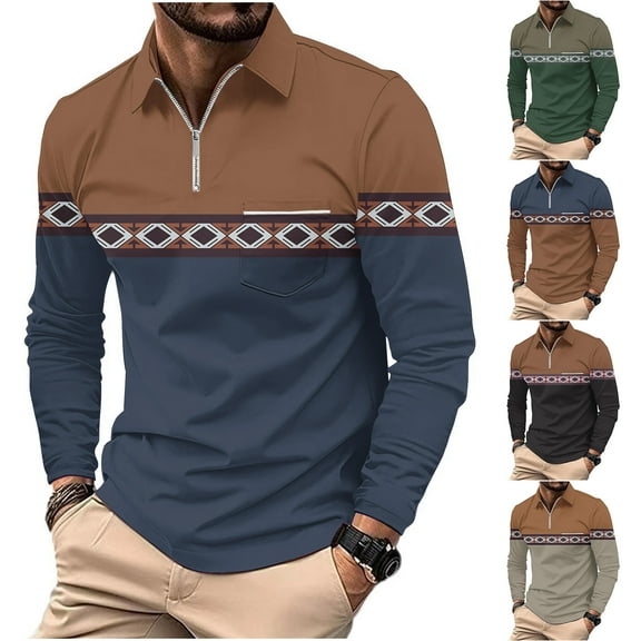 UVEASISHA Trendy Print Polos Shirts for Men Eyelet Long Sleeve Quarter Zip Collared T Shirt Breathable Comfy Poloss Green XL