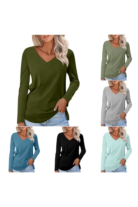 Tunic Tops for Women Long Sleeve Solid V Neck T Shirt Fall Casual Basic Tshirt Green XXL
