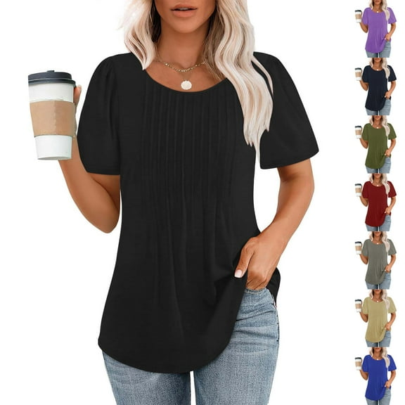 UVEASISHA Tunic Tops for Women Short Sleeve Dressy Casual Pleated Blouse Summer Hide Belly Shirt Black S