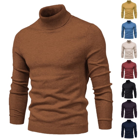 UVEASISHA Turtleneck Sweaters for Men Slim Fit Long Sleeve Thermal Tops Ribbed Knit Pullover Sweater Solid Basic Jumper Top Today's Sales Brown M