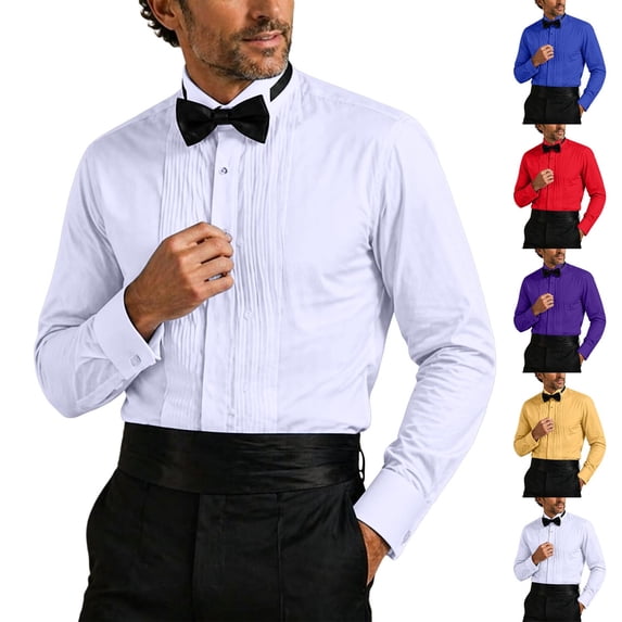 UVEASISHA Tuxedo Shirts for Men Wing Collar Dress Shirt Pleated Bib French Cuffs Wedding Shirts Cocktail Party Formal Shirt Blue L