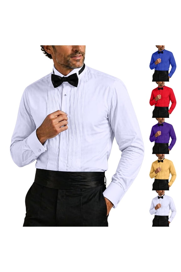Tuxedo Shirts for Men Wing Collar Dress Shirt Pleated Bib French Cuffs Wedding Shirts Cocktail Party Formal Shirt Purple M