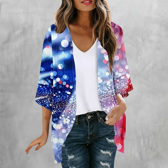UVEASISHA USA Flag Kimono for Women 4th of July Cover Up Lightweight Chiffon Cardigan Independence Day Summer Casual Outfits Multicolor#2 L