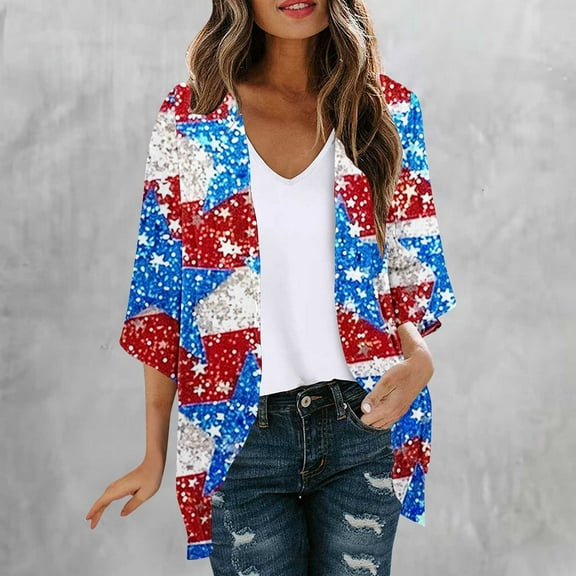 UVEASISHA USA Flag Kimono for Women 4th of July Cover Up Lightweight Chiffon Cardigan Independence Day Summer Casual Outfits Multicolor#4 S