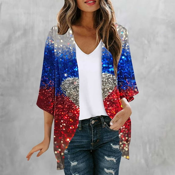 UVEASISHA USA Flag Kimono for Women 4th of July Cover Up Lightweight Chiffon Cardigan Independence Day Summer Casual Outfits Multicolor#9 M