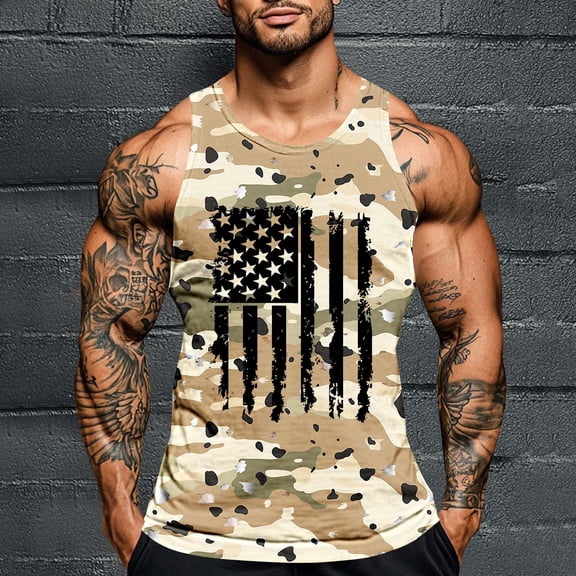 UVEASISHA USA Flag Patriotic Tank Tops for Men Sleeveless Stars and Stripes Graphic Tee Big and Tall Fitness Muscle Tanks Khaki XXXXL