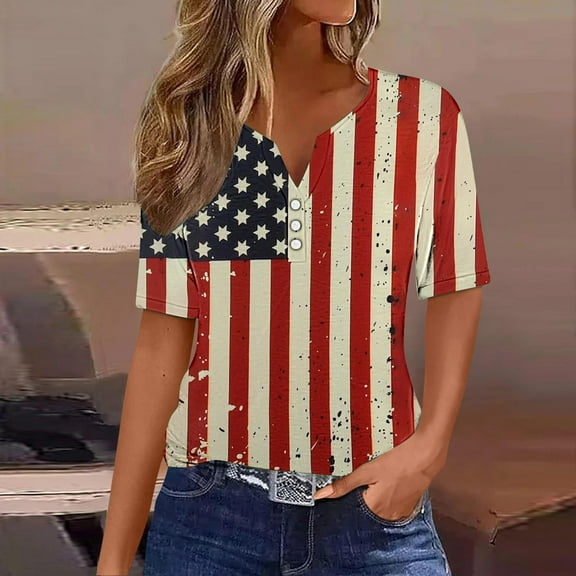 UVEASISHA USA Flag T-Shirt for Women Short Sleeve Henley Shirt Casual Parade Outfits Stars and Stripes Graphic Tees Multicolor#3 S