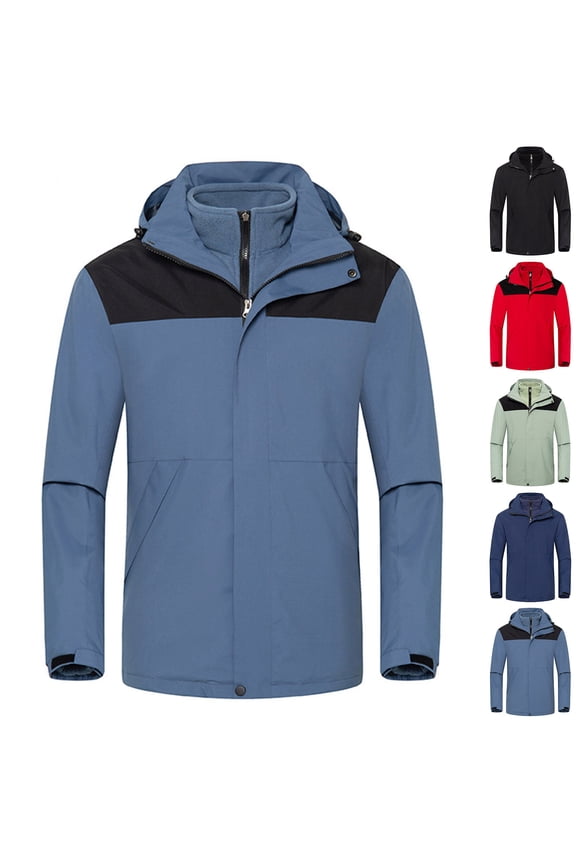 Unisex 3 in 1 Rain Jackets Waterproof Windbreaker Rincoat Warm Winter Snow Ski Jacket Color Block Hiking Travel Jacket with Removable Liner and Hood Clearance Sales Black L
