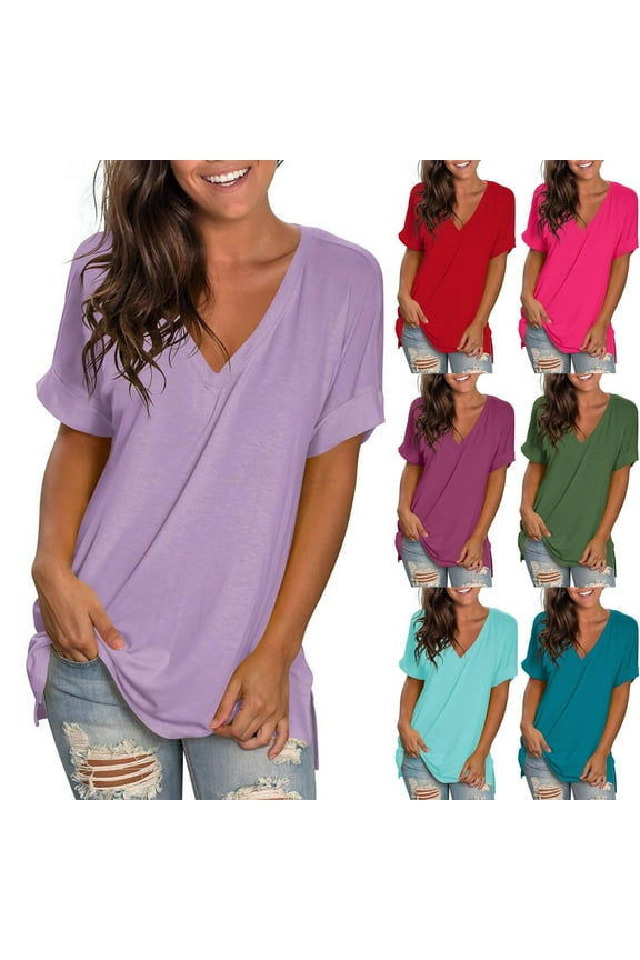 V Neck Tshirt for Women Roll Up Short Sleeve Side Split Tee Tops Baggy Casual Solid Tops Navy XXL