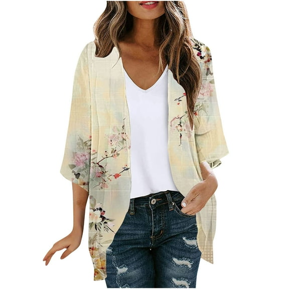 UVEASISHA Vacation Cardigan for Women,Women Kimono Cardigans Casual Summer Tops Cover up Open Front Floral Print Resort Wear Puff Sleeve Beach Kimonos 2025,Yellow,2XL